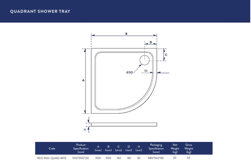 Shires Shower Trays - 30mm Quadrant 900 x 900