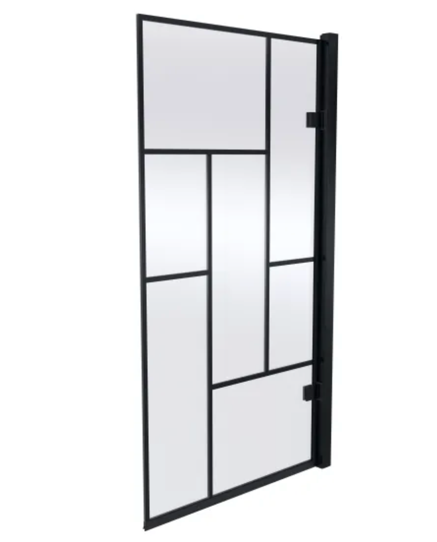 Luxe Collection 8mm Bath Screens - Black Abstract Square Hinged Bath Screen