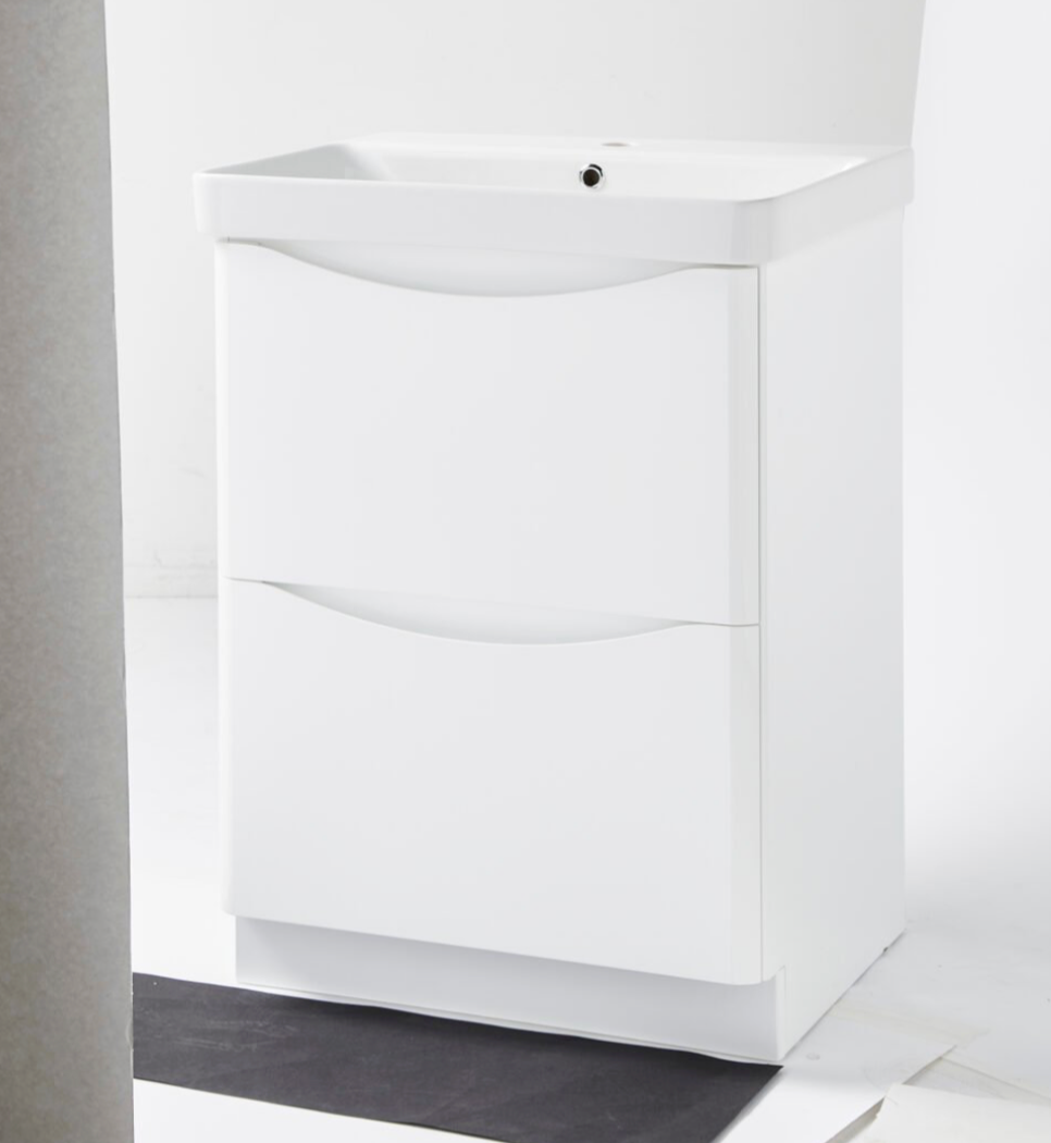 NEVIS 600mm Floor Standing 2 Drawer Gloss White & Ceramic Basin