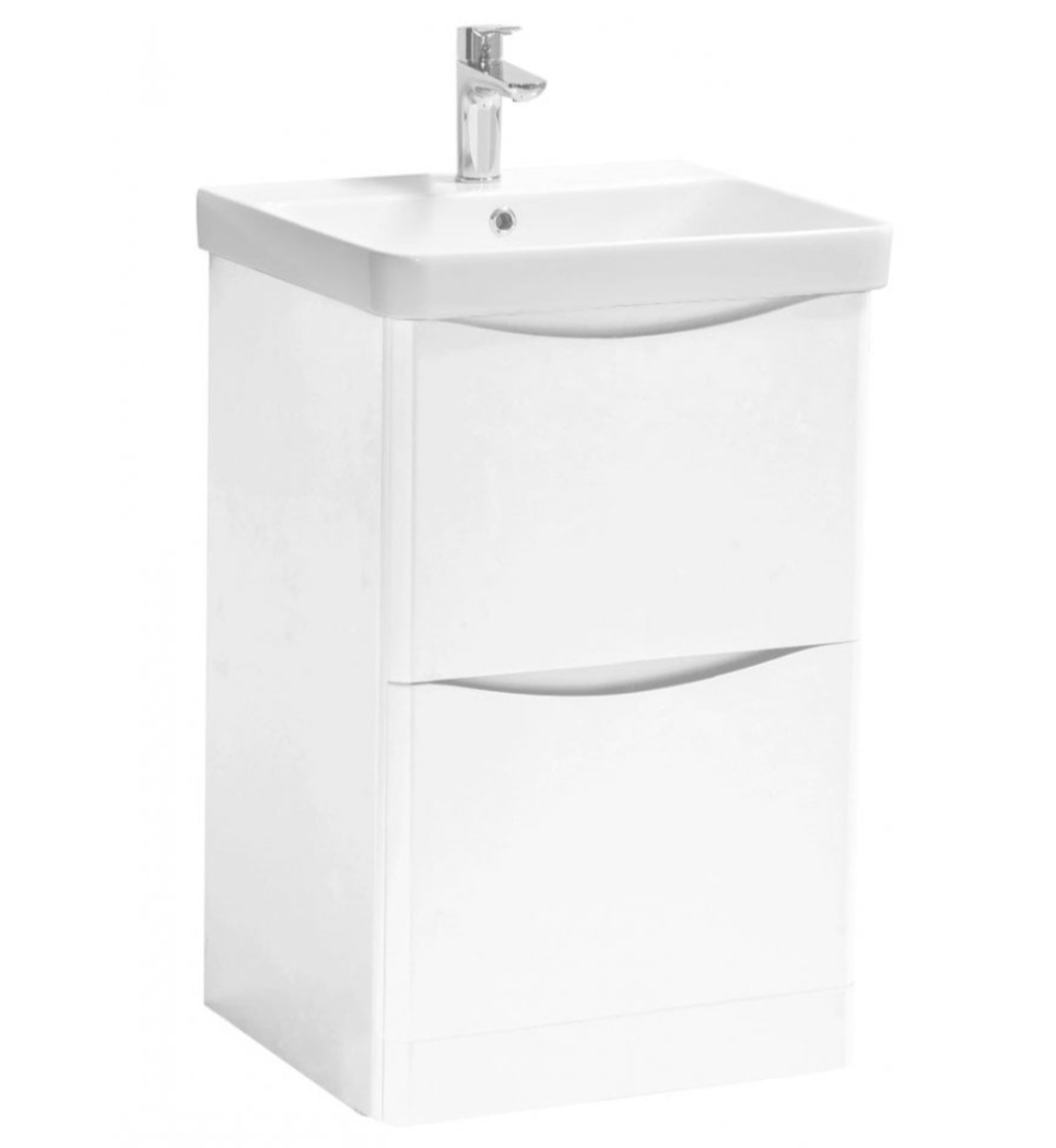 NEVIS 500mm Floor Standing 2 Drawer Gloss White & Ceramic Basin