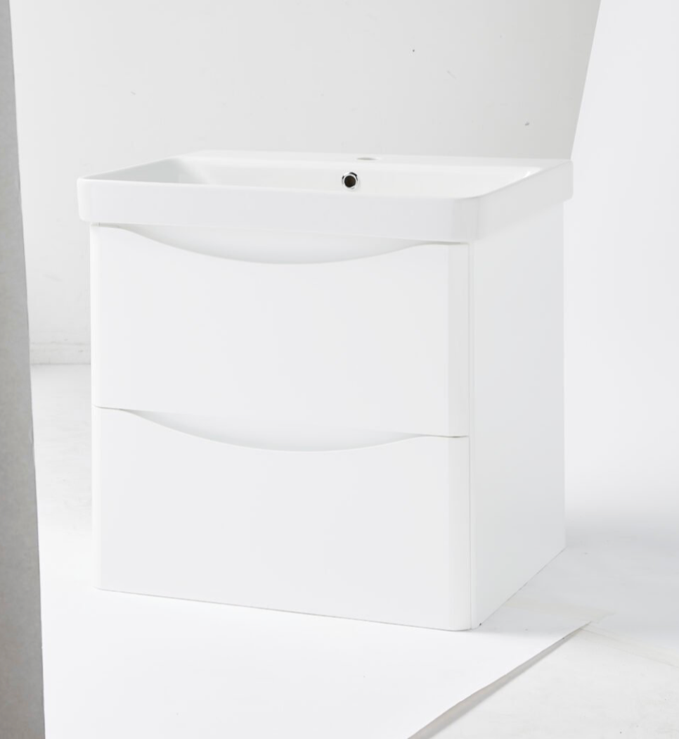 NEVIS 600mm Wall Mounted Unit 2 Drawer Gloss White & Ceramic