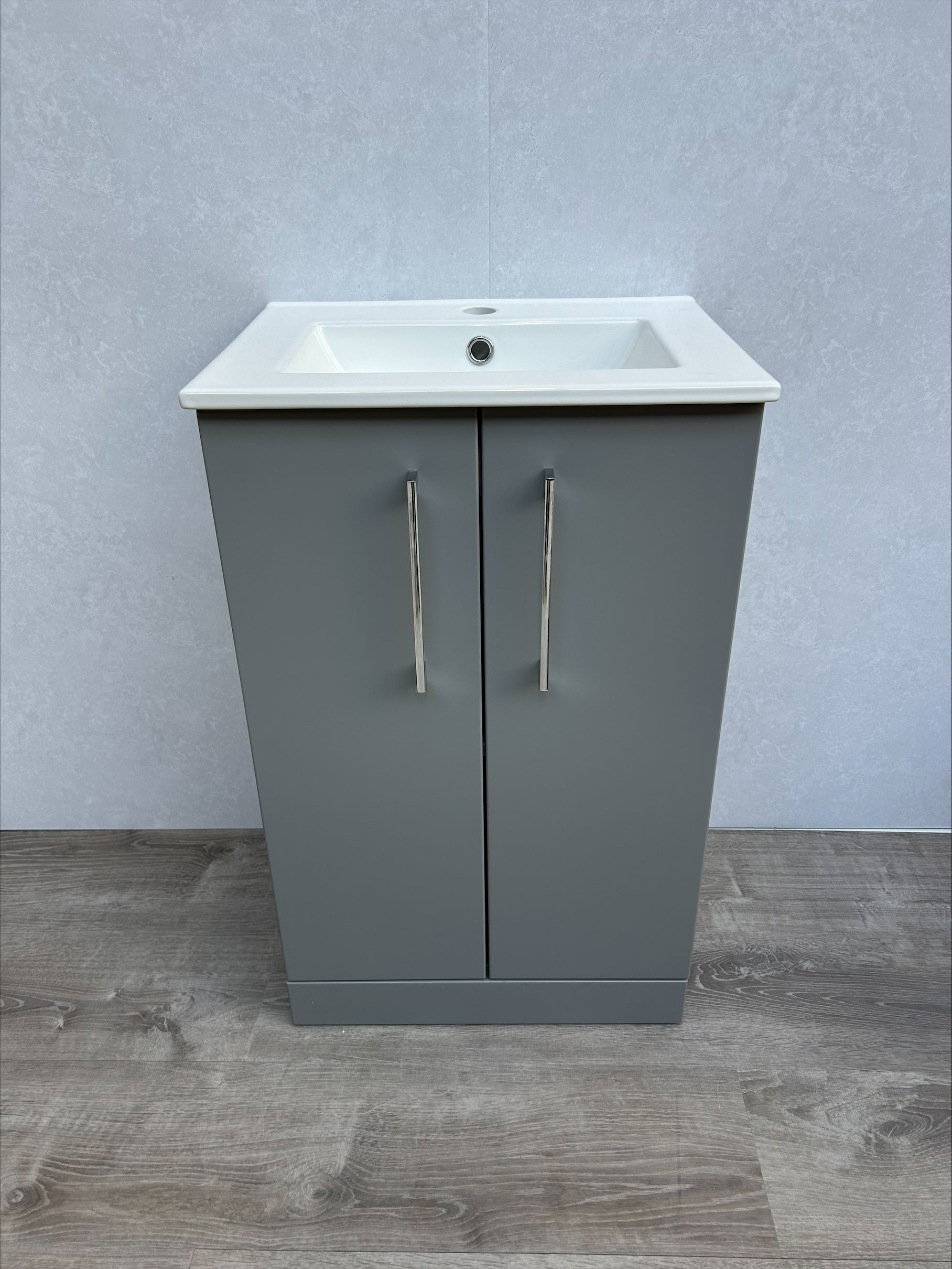 Ex Display - Arno Satin Grey 500mm Floor Standing 2-Door Unit + Ceramic Basin