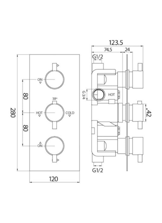 Concealed Valves - Chrome Triple Oval Handle, 2 Outlet