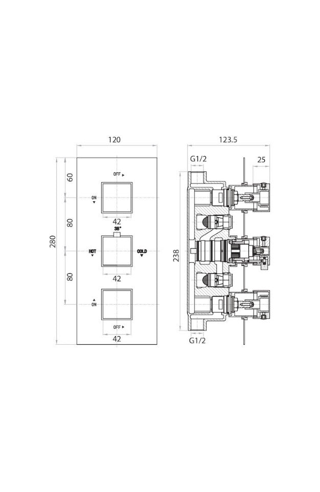 Concealed Valves - Chrome Triple Square Handle, 3 Outlet