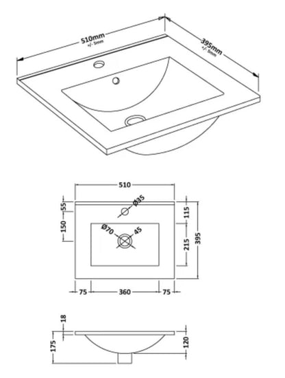 Furniture Minimalist Slimline Ceramic Basin 1 Tap Hole 500mm