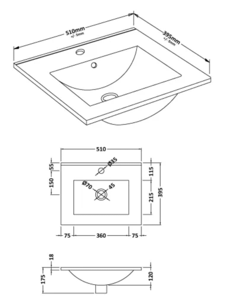 Furniture Minimalist Slimline Ceramic Basin 1 Tap Hole 500mm