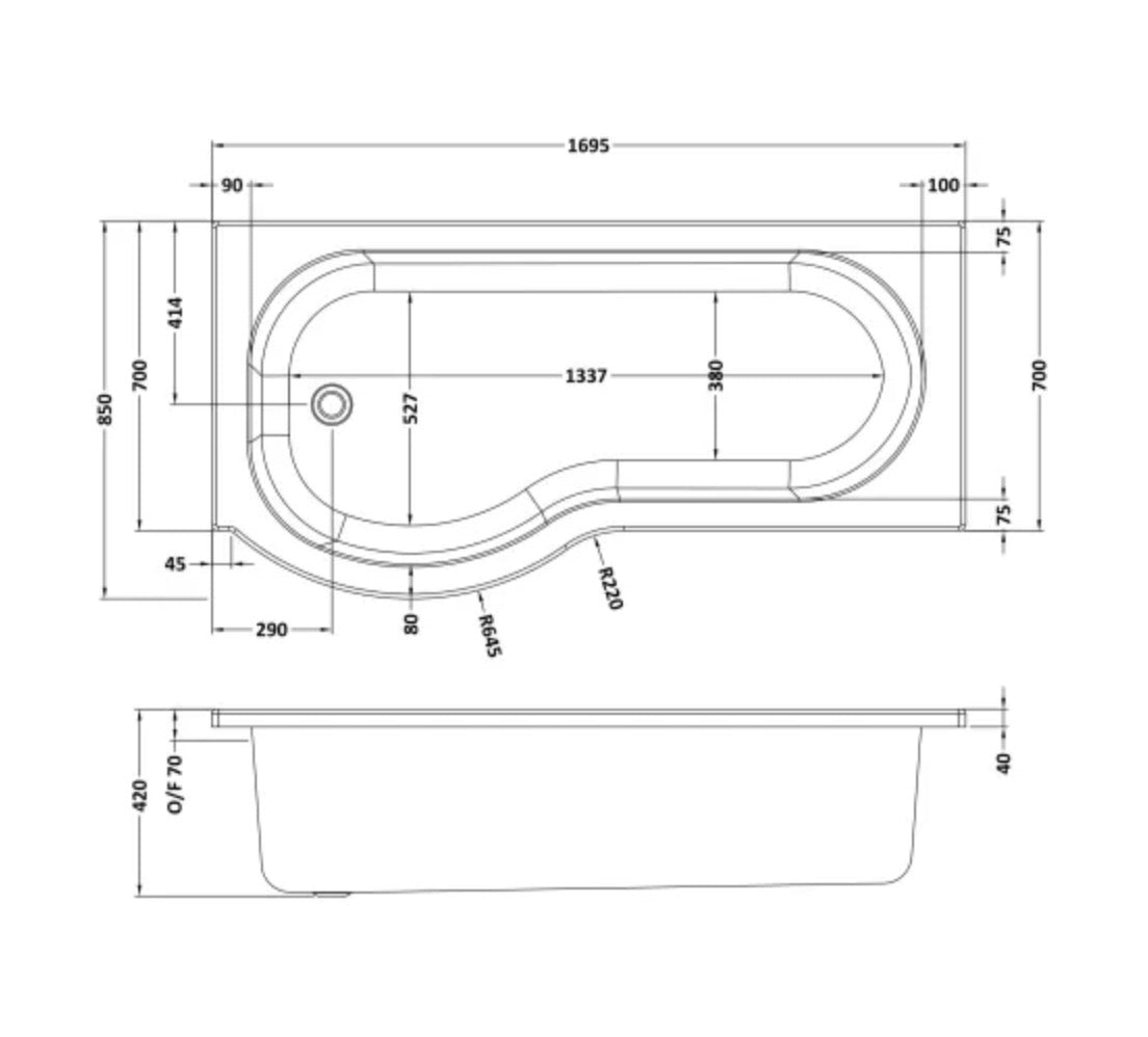 P-Shaped Shower Bath Left Hand 1700mm - No Leg Set