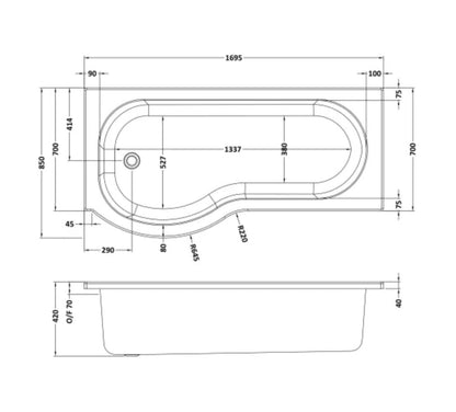 P-Shaped Shower Bath Left Hand 1700mm - No Leg Set