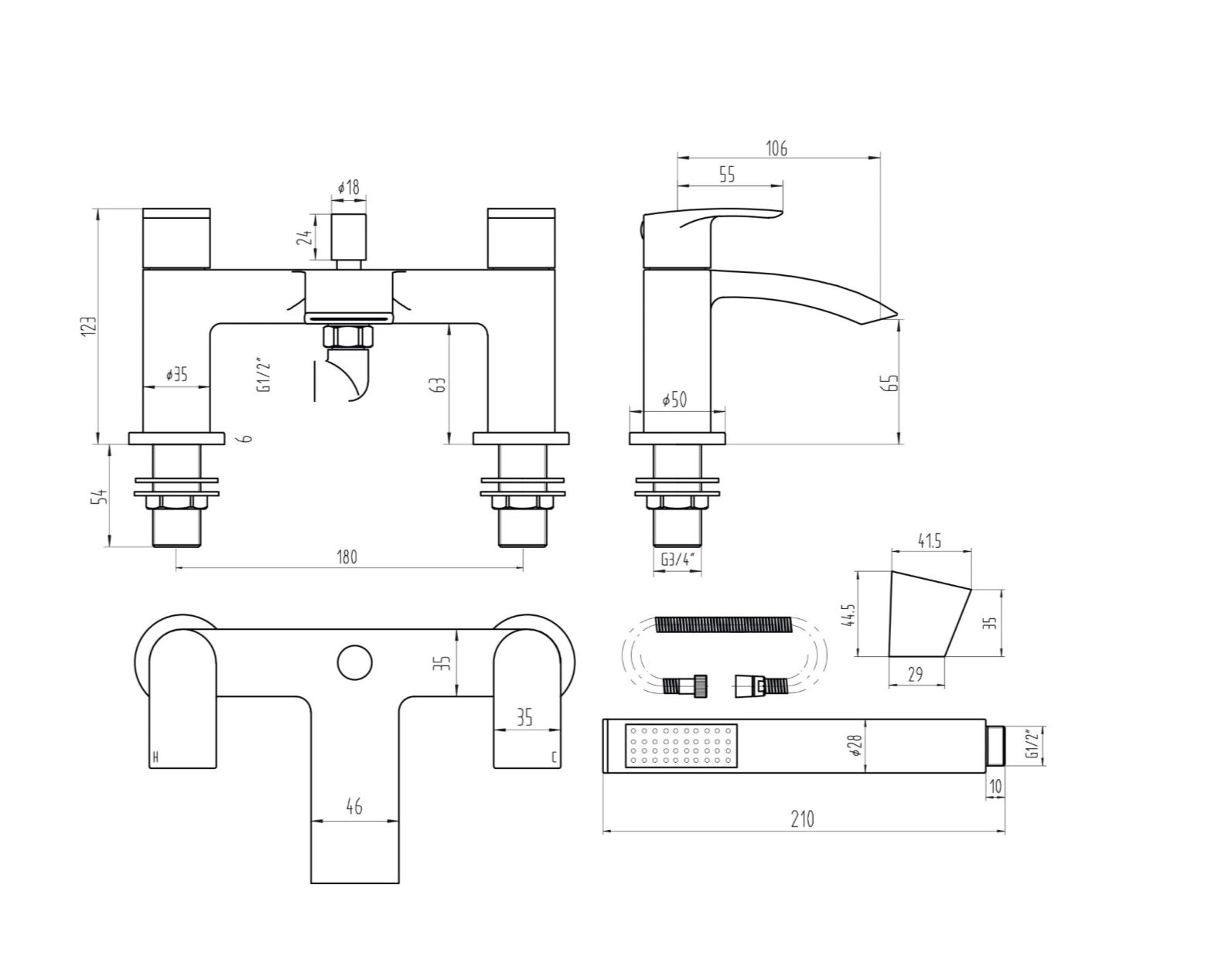 Belini Taps - Bath Shower Mixer with shower kit and wall bracket