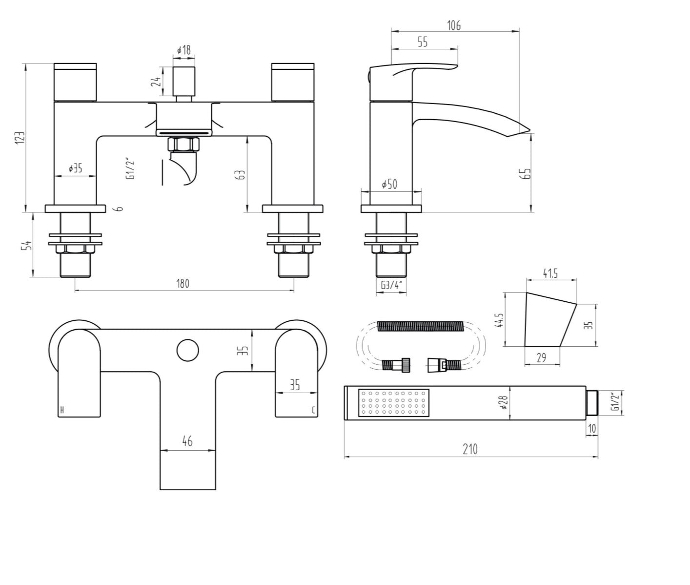 Belini Black Taps - Deck Mounted Bath Shower Mixer