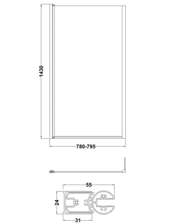 Brushed Brass 6mm Bath Screens - L-Shaped Hinged Bath Screen with Fixed Return