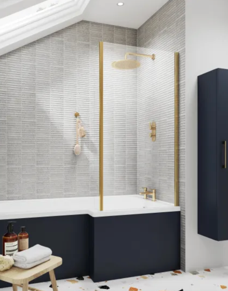 Brushed Brass 6mm Bath Screens - Bath Screens Square L Shape 6mm Toughened Safety Glass Bath Screen with Fixed Return