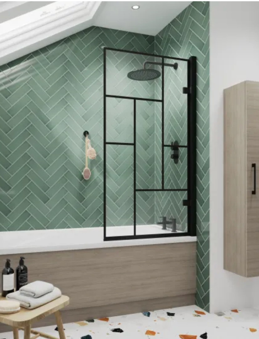 Luxe Collection 8mm Bath Screens - Black Abstract Square Hinged Bath Screen