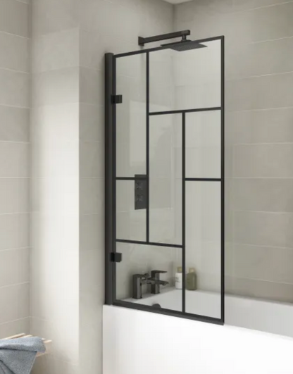 Luxe Collection 8mm Bath Screens - Black Abstract Square Hinged Bath Screen