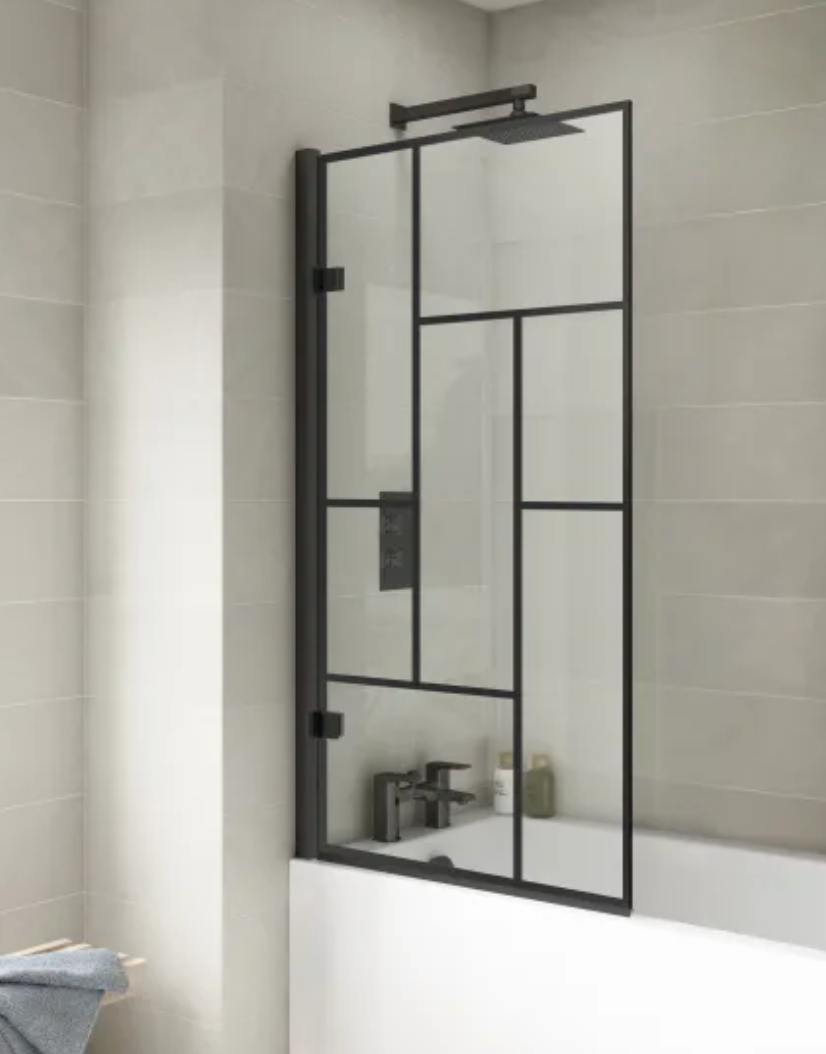 Luxe Collection 8mm Bath Screens - Black Abstract Square Hinged Bath Screen