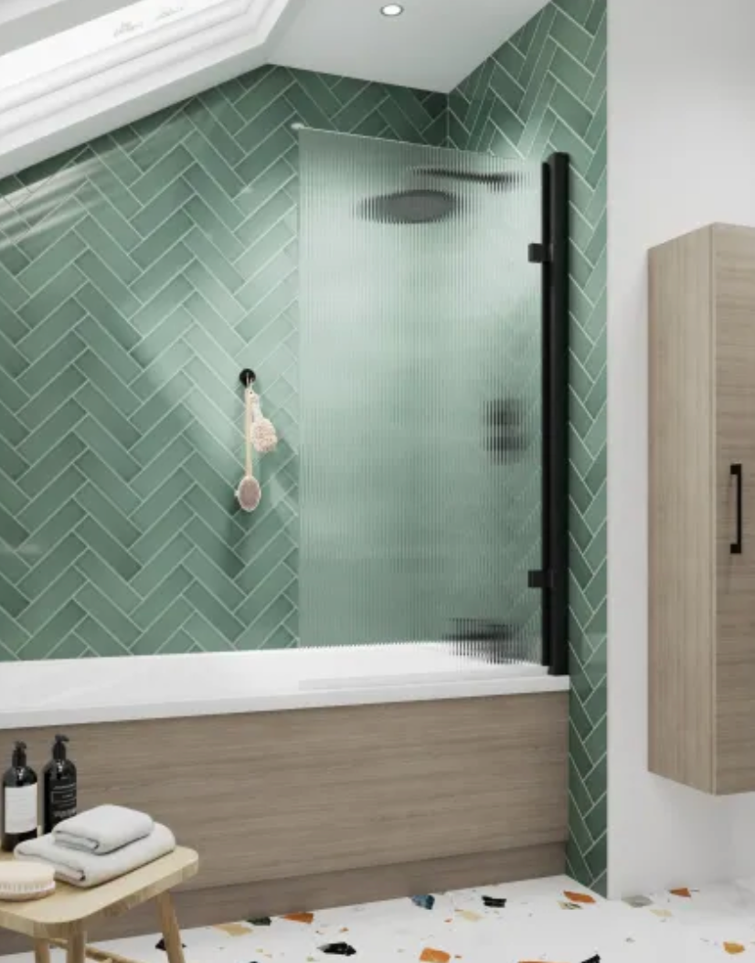 Luxe Collection 8mm Bath Screens - Black Fluted Square Hinged Bath Screen