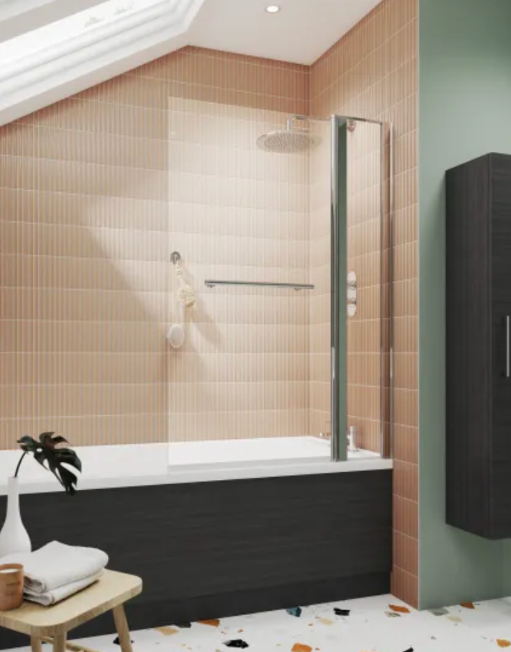 Chrome 6mm Bath Screens - Square Bath Screen With Fixed Panel & Rail