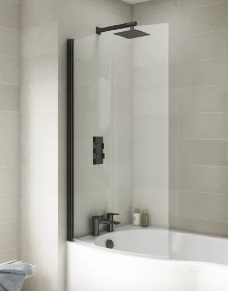 Black 6mm Bath Screens - Curved Hinged P-Bath Screen