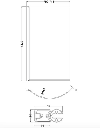 Black 6mm Bath Screens - Curved Hinged P-Bath Screen