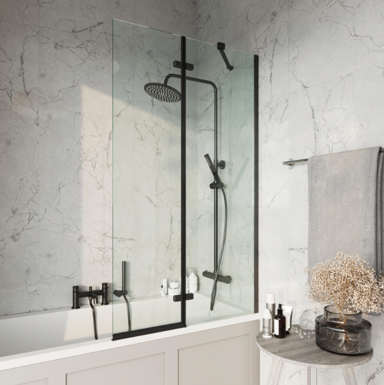 S6 Bath Screens - Black Square 900mm Pivot Bath Screen Including Fixed Panel