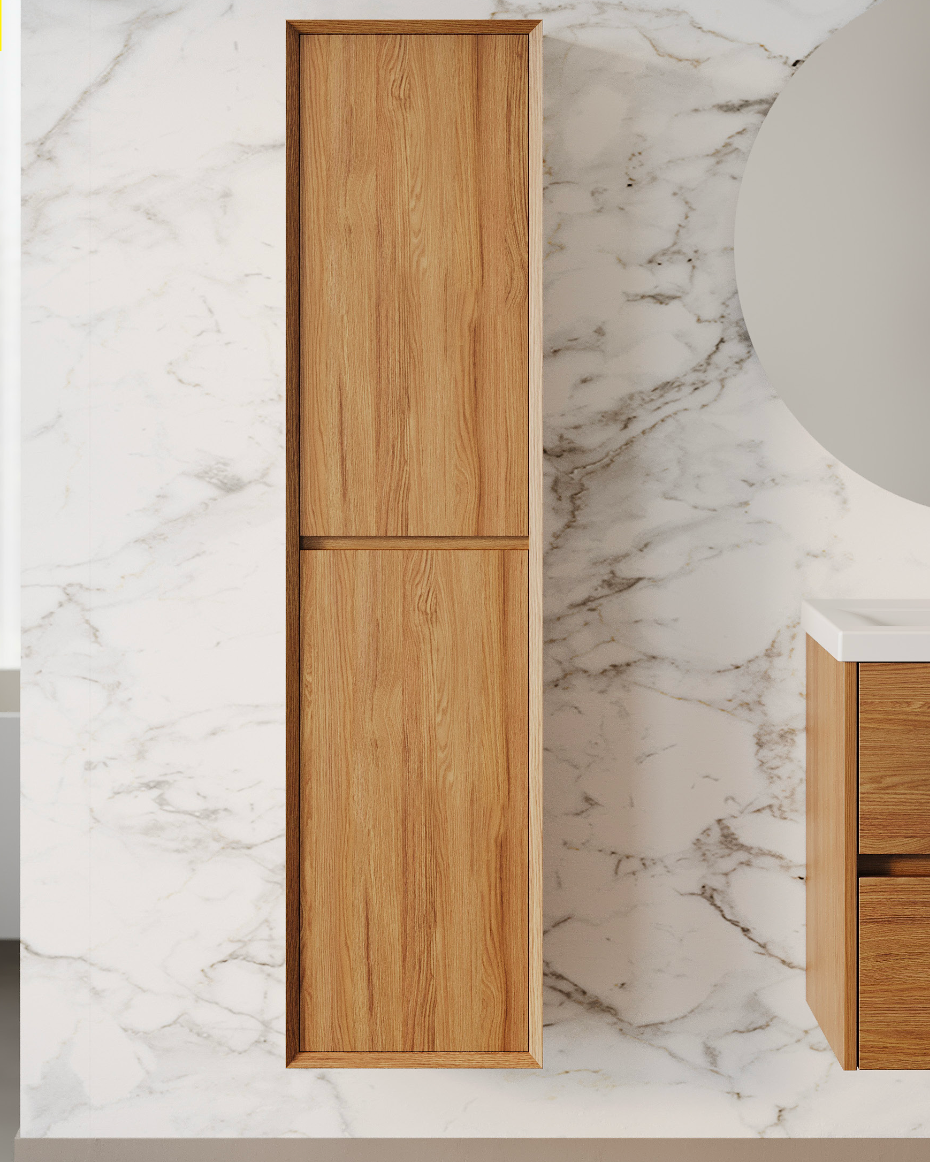 PVC Woodgrain Column Cabinet With Handleless Doors 300mm