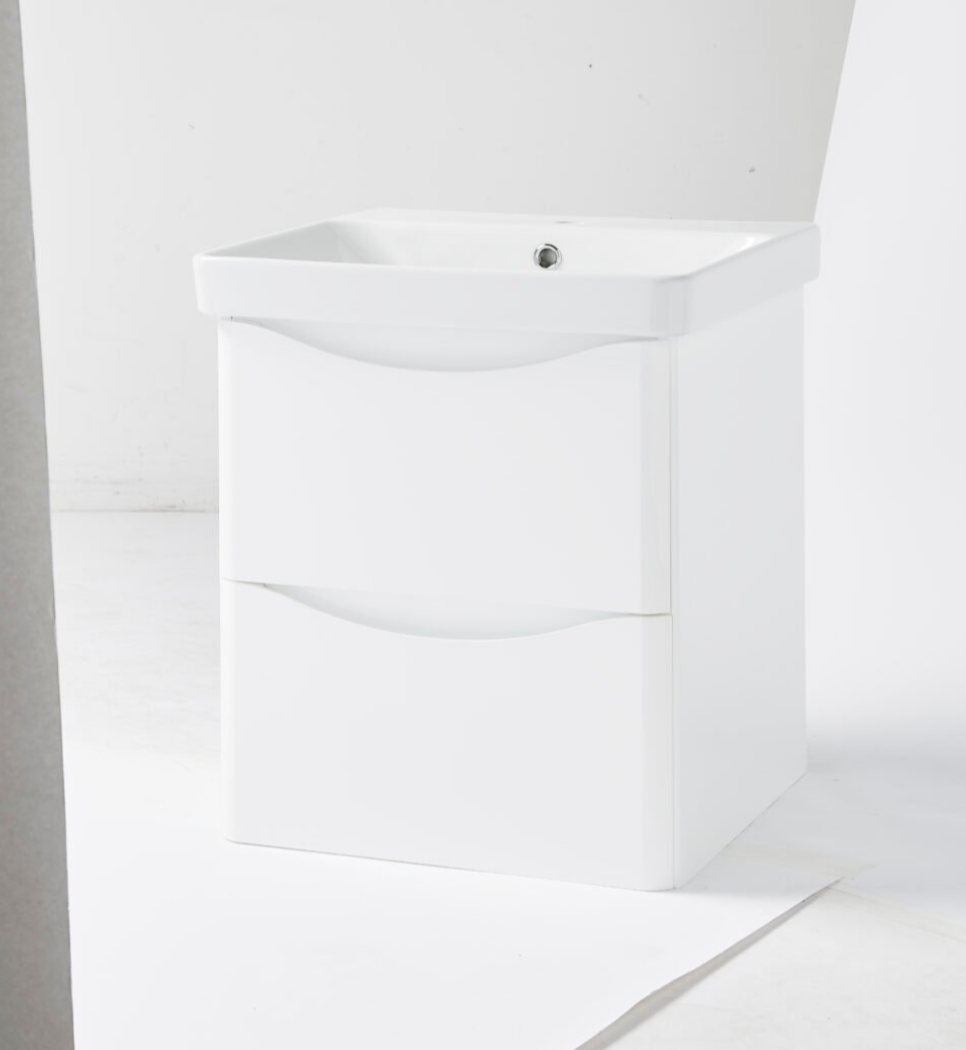 NEVIS 500mm Wall Mounted Unit 2 Drawer Gloss White & Ceramic