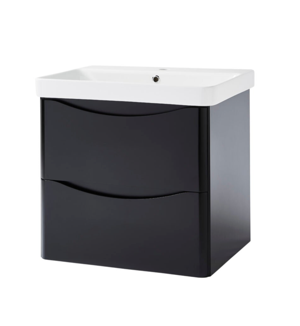 NEVIS 600mm Wall Mounted Unit 2 Drawer Matt Black & Ceramic Basin