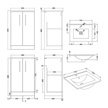 Arno Floor Standing 2-Door Vanity Unit with Basin-2 500mm Wide - Gloss White
